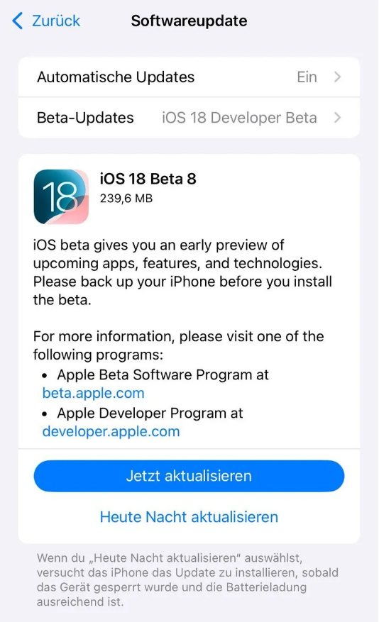 乌马河苹果手机维修分享苹果 iOS / iPadOS 18 开发者预览版 Beta 8 发布 